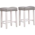 thumbnail image 5 of Bar Stools Set of 2, Backless Square Counter Stool Solid Wood Legs, Saddle-style Island Stool, Farmhouse Barstools with Dailhead Trim Decorate for Kitchen Counter Dining Room,Light Gray, 5 of 7
