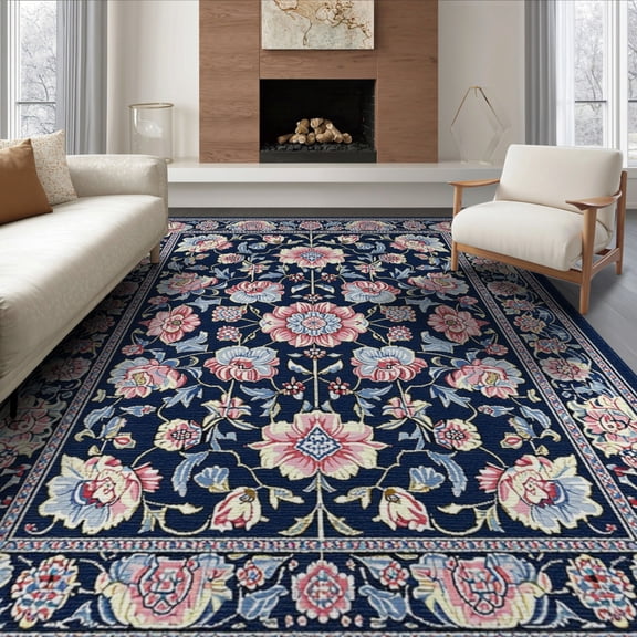 ODIKA 8'x10' Washable Area Rug Non-Slip Chair-Friendly Mat Scatter Pink Boho Delicate Scroll Vine Border Entry Door Entryway for Dining Room, Large Office, Lounge