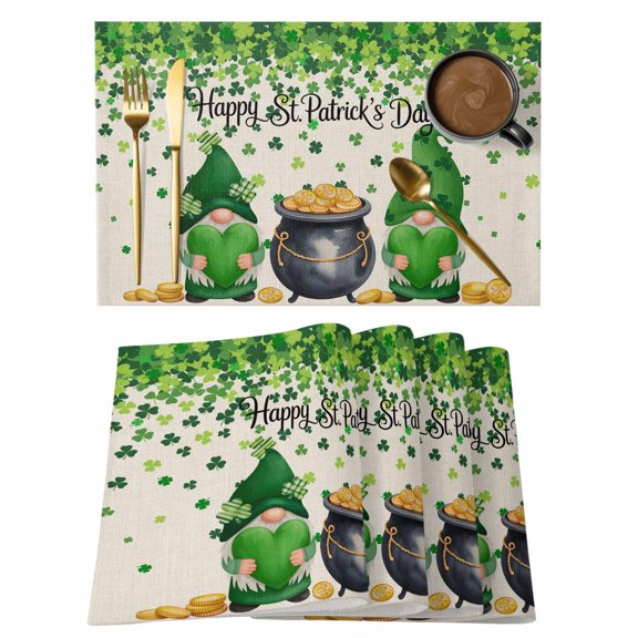 St. Patrick's Day Placemats Set of 8, Spring Lucky Shamrocks Gnomes Vintage Placemats for Dining Table, Place Mats for Kitchen Tabletop, Waterproof Wipeable Dining Table Mats Set