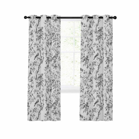 Flower Bird Blackout Curtains 63 Inches Long for Bedroom, Grey Elegant Floral Spring Plant Watercolor Thermal Insulated Room Darkening Black Out Window Curtain Panels Grommet Drapes for Living Room
