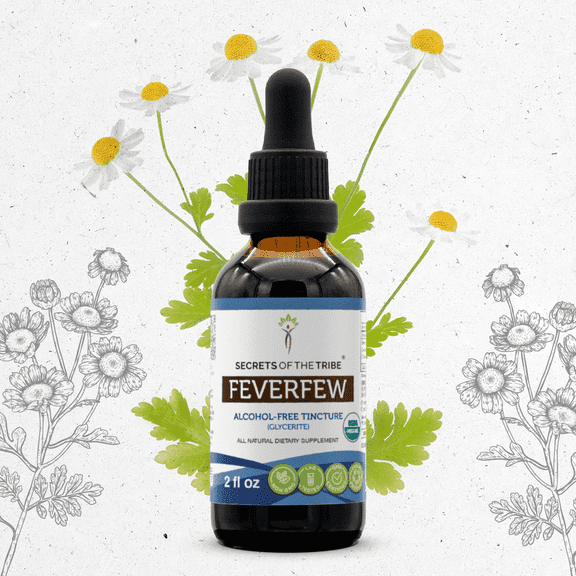 Secrets Of The Tribe Feverfew Organic Tincture Dietary Supplement, Natural Herbal Extract for Nervous System Balance, Certified Organic Feverfew (Tanacetum parthenium) Dried Herb, Alcohol-Free 2 oz
