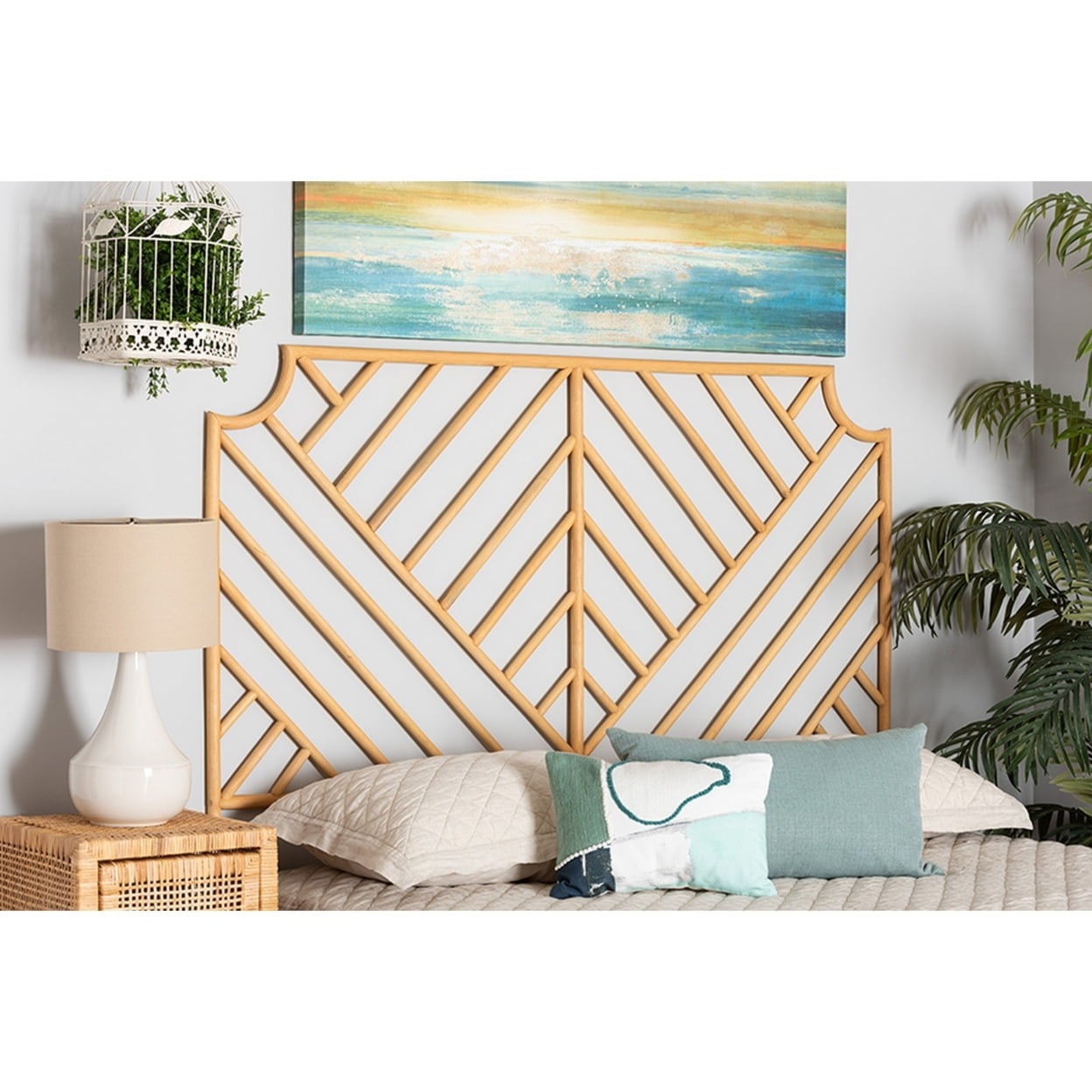 Baxton Studio Giza Modern Bohemian Natural Brown Rattan Queen Size Wall-mount Headboard