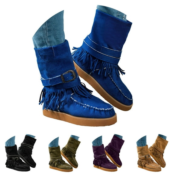 Pandaie Vintage Fringe Cowboy Boots for Women Retro Suede Tassel Western Ankle Booties Pull on Platform Fleece Lined Winter Riding Moccasin Boots Black 6