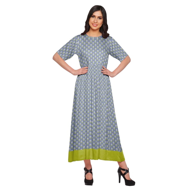 Moomaya Robe Kurti Tunique Longue Ligne A pour Femmes, Manches au Coude, Kurti Décontractée Imprimée