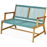Topbuy 2-Person Outdoor Acacia Wood Bench Patio Loveseat Rope Bench Turqoise