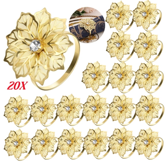 20 Pcs Hollow Out Flower Napkin Ring Set , Gold Holder Metal Napkin Rings, for Wedding Party Holiday Banquet Christmas Dinner, Textiles & Soft Furnishings