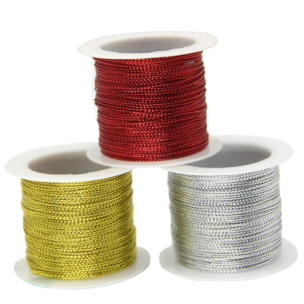 3pcs 20M Oro Plata Poliéster Etiqueta Cordones Cuerda Brillo Cebollas Línea Envoltura de regalos Alambre de metal DIY Prenda Suministros de decoración de costura (oro, plata y rojo)