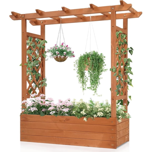 Raised Garden Bed with Trellis, Wooden Elevated Planter Box w/Drainage Holes & Removable Bottom Panels for Climbing Vine Flower, Indoor Outdoor Wood Planter for Yard Patio