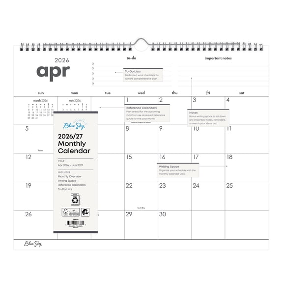 Blue Sky Monthly Wall Calendar, 15" x 12", To-Do 15-Month (April 2026 - June 2027)