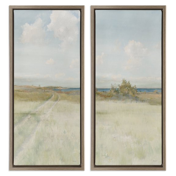 Stupell Industries Grass Path to Beach Alcove Landscape & Nature Painting Brown Floater Framed Canvas Art Print Wall Art, 14 x 31, Set of 2