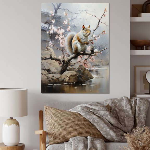 Designart "Squirrel on Pink Cherry Blossom in Brown I" Animals Canvas Wall Art - Traditional Grey Squirrel Hallway Wall Art Decor