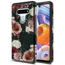 LG K51 Case, Rosebono Slim Hybrid Dual Layer Shockproof Hard Cover Graphic Fashion Cute Colorful Silicone Skin Cover Armor Case for LG K51 (Black Marble Flower)