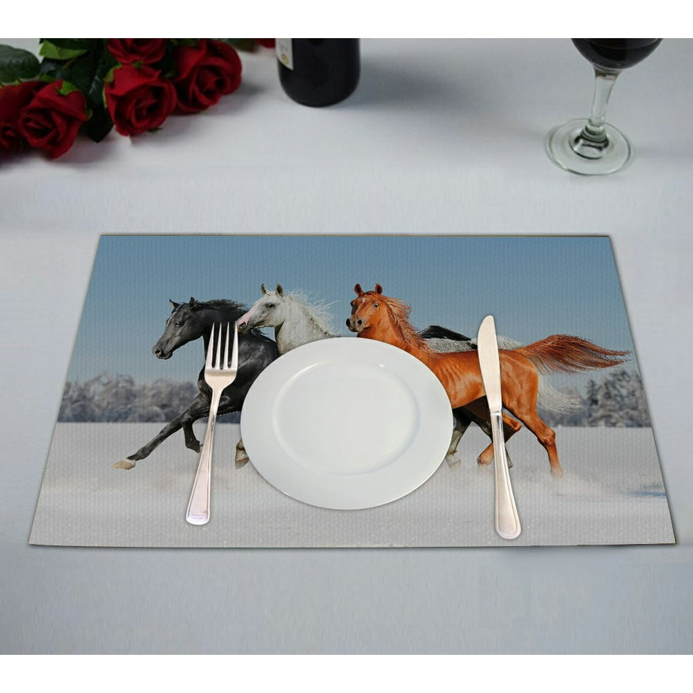 ECZJNT three horses in winter field Placemat Table Mat Cup Mat 12x18