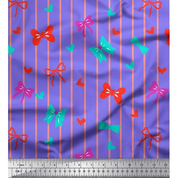Soimoi Purple Silk Fabric Bow & Stripe Decor Fabric Printed Yard 42 Inch Wide