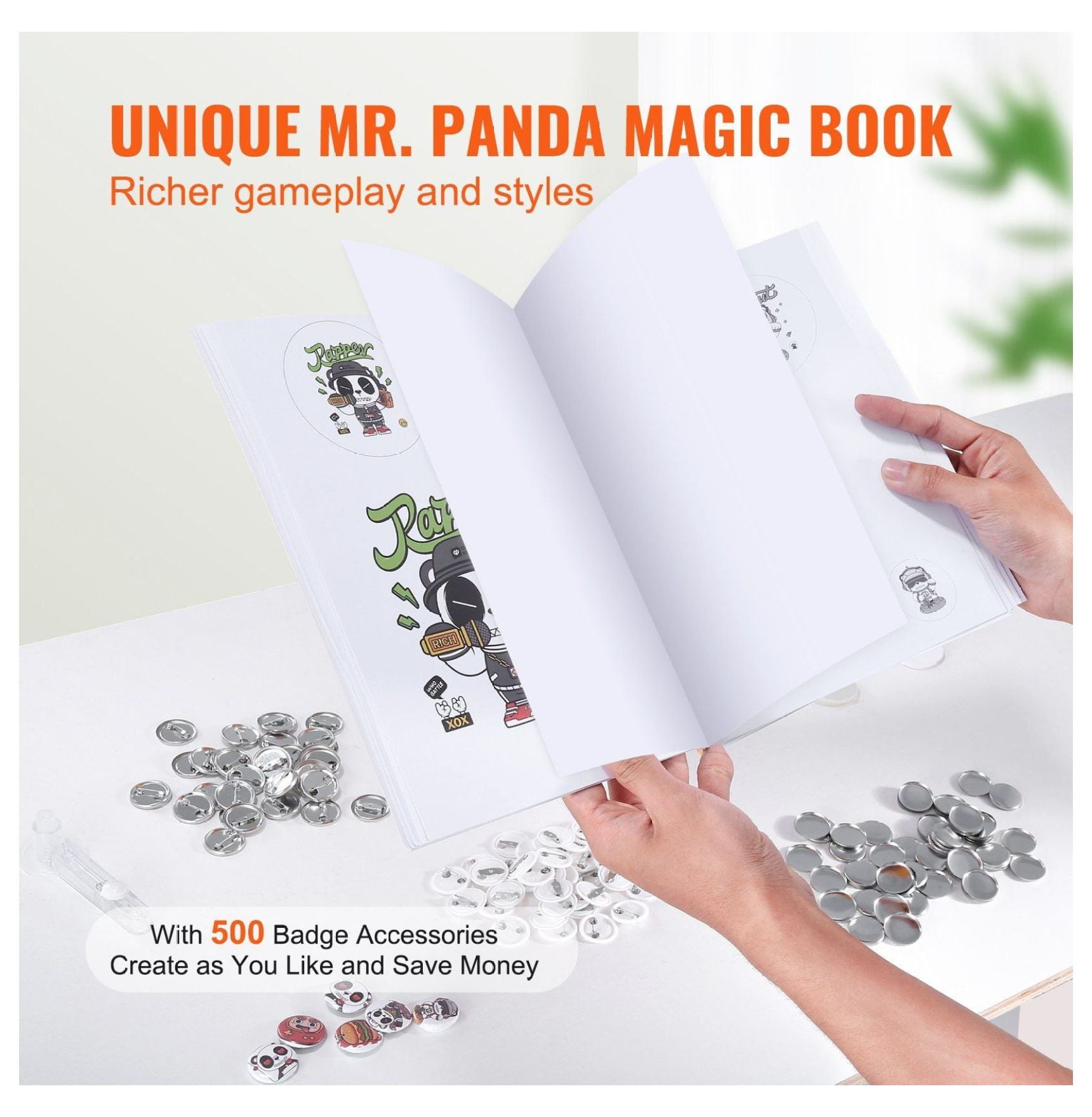 Button Maker Machine 25mm, Pin Making Kit with 500 Parts, Panda Magic Book, DIY Craft for Kids & Adults, Ergonomic Punch Press Kit for Badges, Gifts