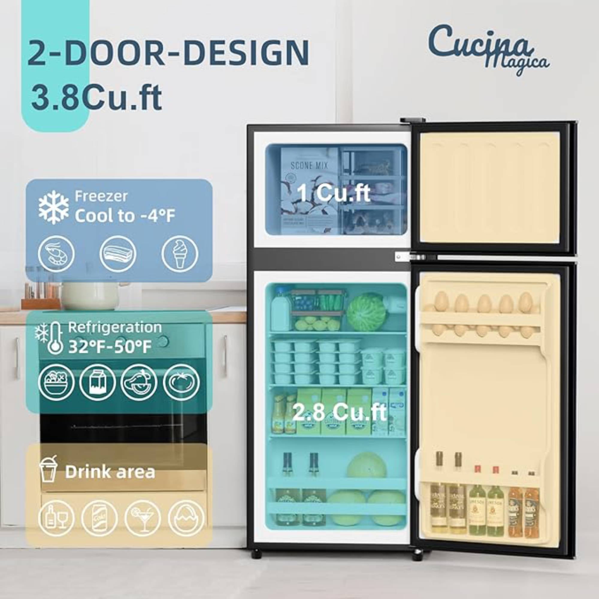 3.8 Cu.Ft Mini Fridge Freezer, 2 Door Small Refrigerator, 7 Level Adjustable Thermostat Freezer&nbsp;Fridge for Living Room, Kitchen and Apartment, Silver