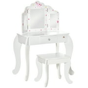 Qaba Kids Vanity Table & Stool Girls Dressing Set Make Up Desk with Tri-folding Mirrors Drawer Star & Heart Pattern White