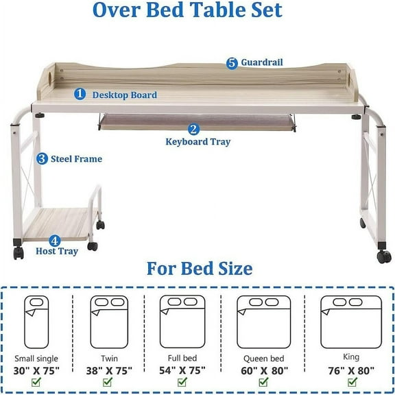 Adjustable Overbed Table with Wheels, Perfect for Full/Queen/King Beds Rolling Medical Bed Desk for Laptop Work, Breakfast. Spacious, Sturdy Wood and Steel Frame