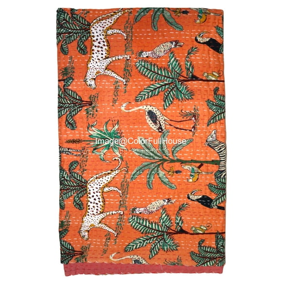 Indian Handmade Animal Print Cotton kantha Quilt, Village art gudri,Hand Stitch Quilt ,Bedspread, Blanket Size ( King 108" x 108" )
