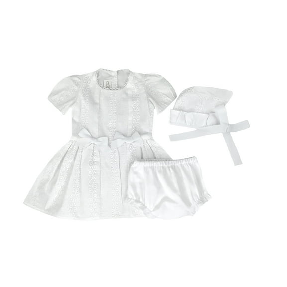 Girls- Embroidered White Cotton Puffed Sleeve Dress- Bonnet- Bloomers