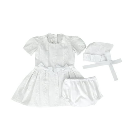

Girls- Embroidered White Cotton Puffed Sleeve Dress- Bonnet- Bloomers