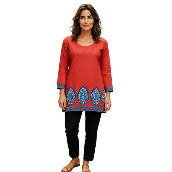 Tunic for Women Printed Short Crape Kurti Kurta Round Neck Long Sleeves Tunic Top. 3005-L