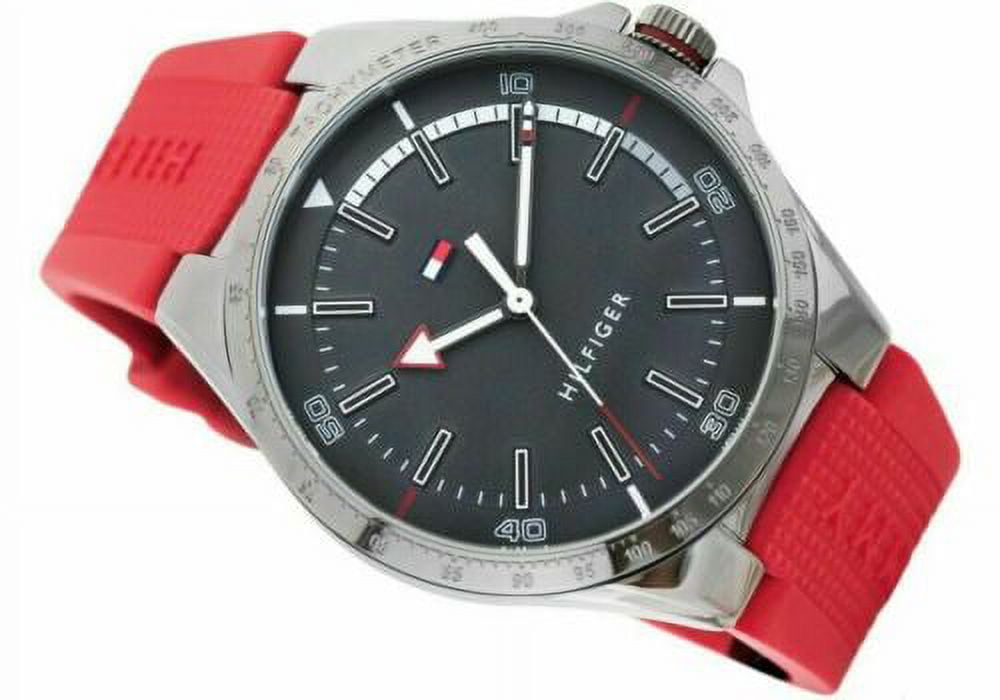 TOMMY HILFIGER MEN'S RED SILICONE GUNMETAL GREY STAINLESS WATCH 1791527 NEW