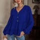 thumbnail image 5 of Blusa de mujer de manga larga de color puro con cuello en V y decoración de botones con dobladillo con volantes para el hogar Royalblue L, 5 of 8