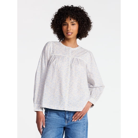 Time and Tru Women's Embroidered Cotton Button Front Shirt with Long Sleeves, Sizes XS-XXXL