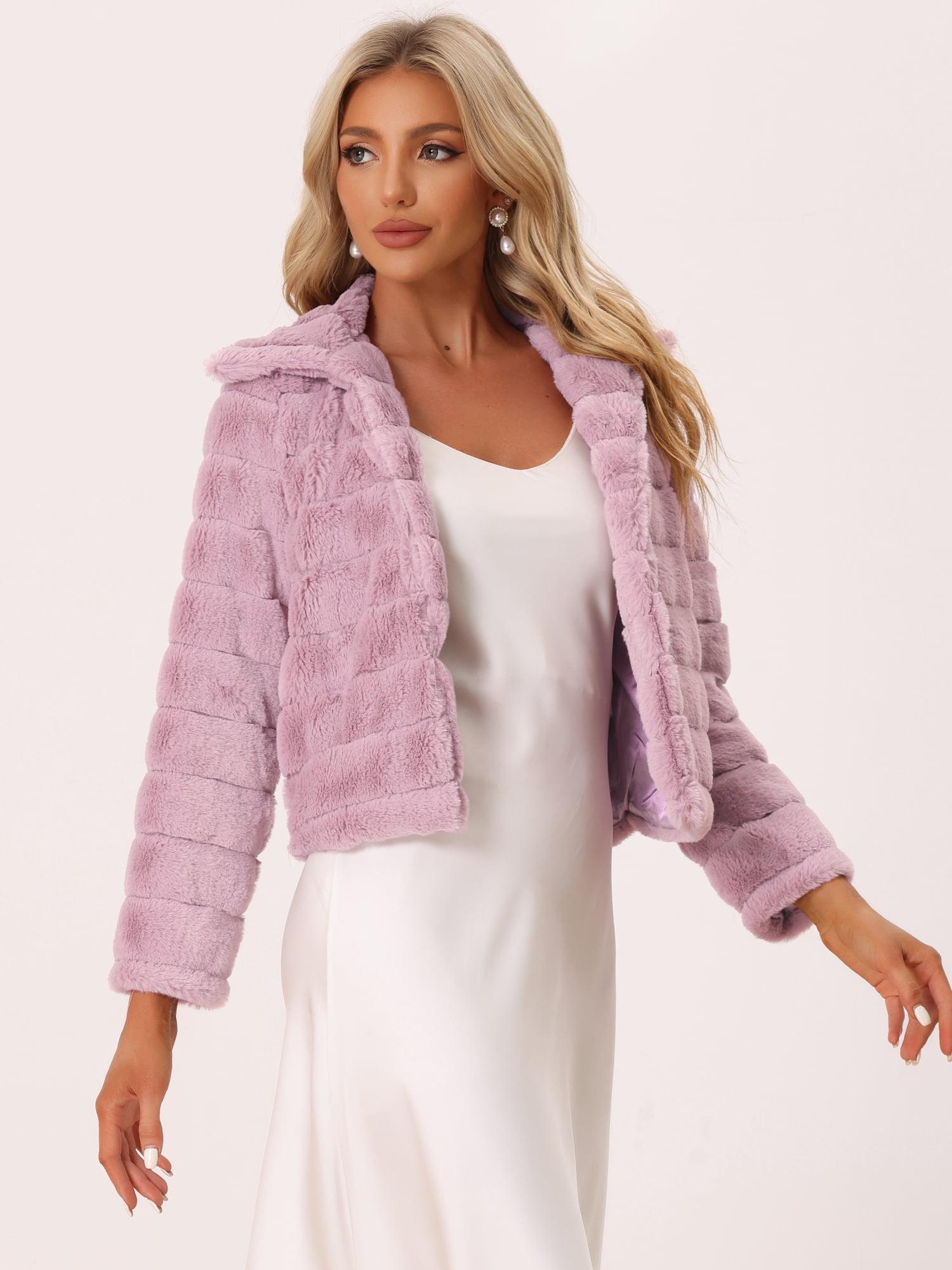 DARING DIVA Women's Faux Fur Fluffy Coat Collar Cropped Jacket M Pink