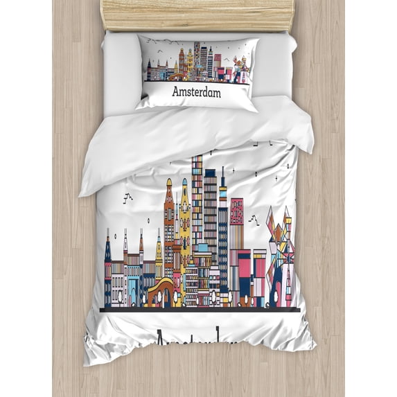 Amsterdam Duvet Cover Set Twin Size, Buildings in a Panoramic View Netherlands Culture Cityscape Landmarks, Decorative 2 Piece Bedding Set with 1 Pillow Sham, White and Multicolor, by Ambesonne