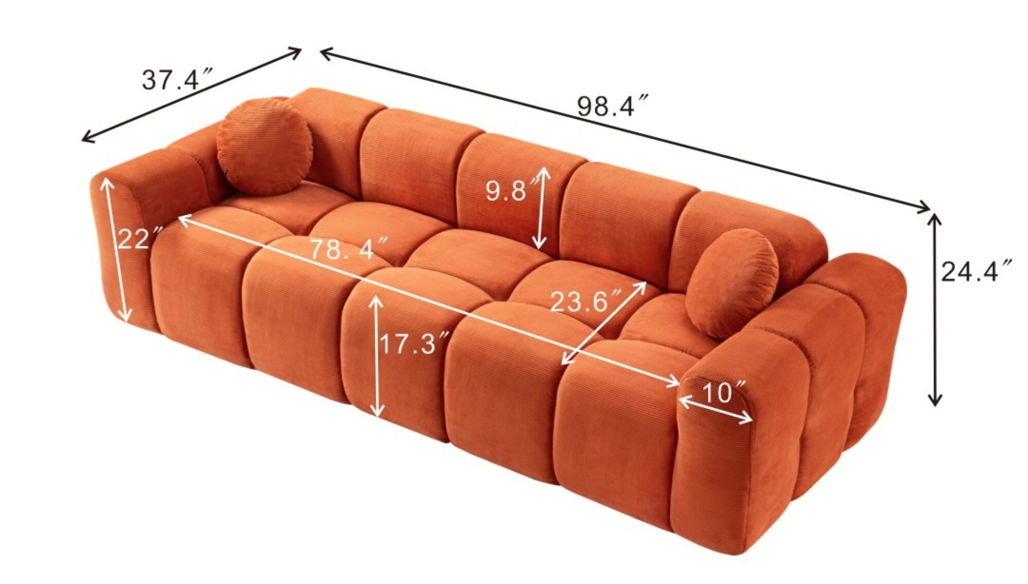 AENKYO 98" Corduroy Cloud Puff Sofa, Modern 4-Seater Bubble Block Couch, No Assembly, Vibrant Orange