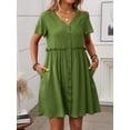 thumbnail image 3 of Women A Line Dress Bamboo Cotton V Neck Short Sleeve Summer Mid Length Loose Fit, 3 of 7