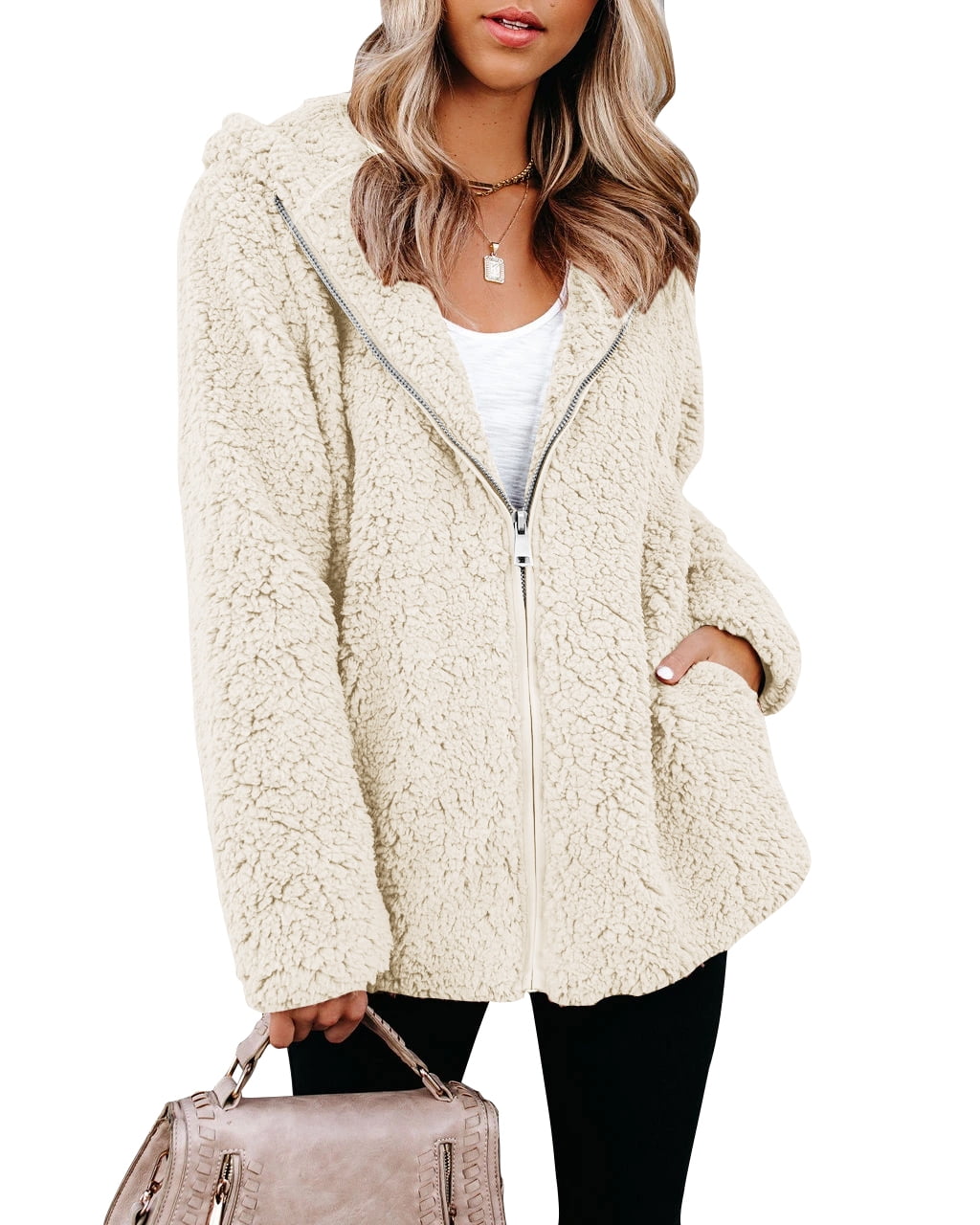 Plnotme Womens Fleece Sherpa Jacket Long Sleeve Solid Color Lapel Zip