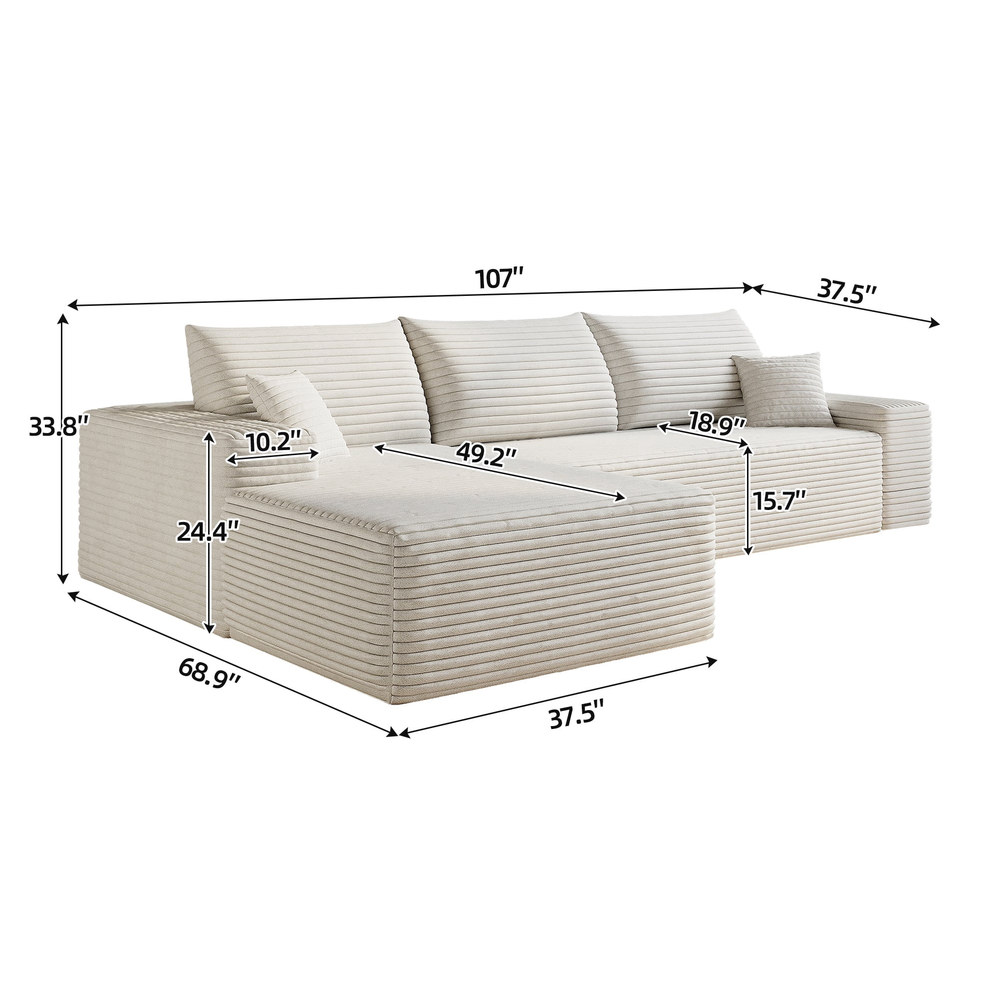 Sailvan 107" Cloud Sectional Couch, Cloudy Sofa with L-Shape Chaise, Upholstered Couches for Living Room & Bedroom, No Assembly Required, Plush Corduroy Fabric, Beige