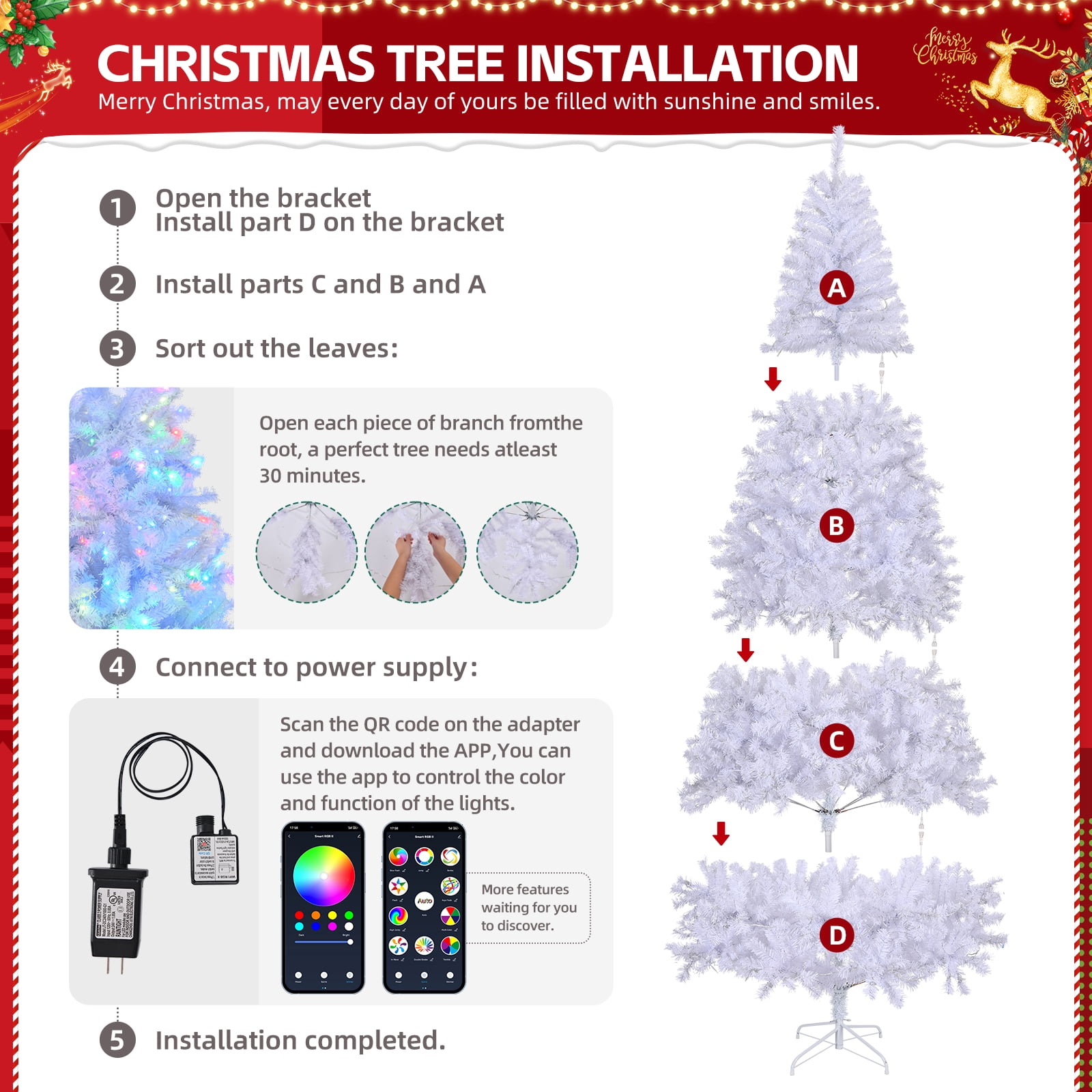 Astoutdoor 8 ft Pre-lit Artificial Christmas Tree with 500 RGB Lights, 1500 Branch Tips, White
