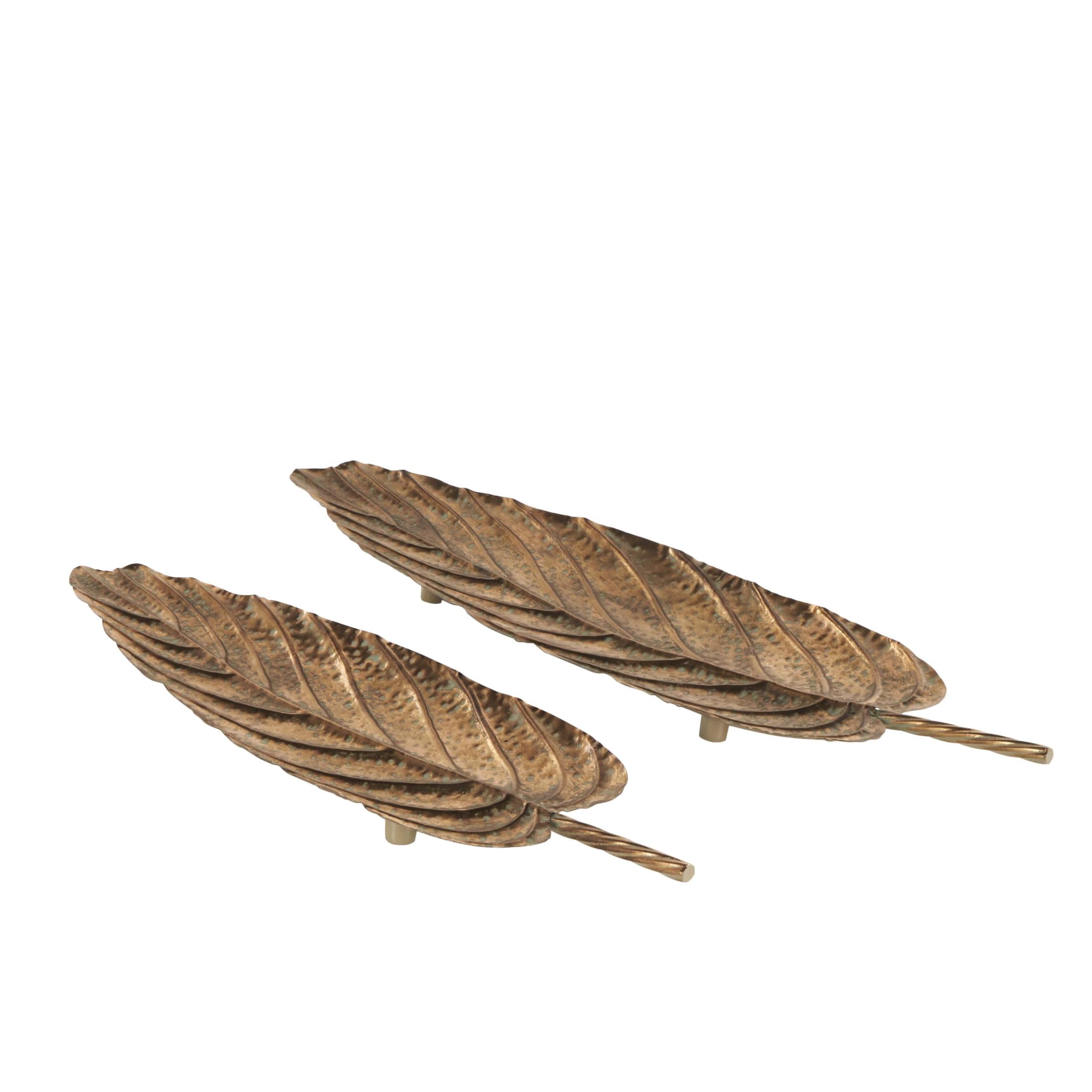 DecMode 36", 29"W Copper Metal Textured Leaf Tray with Patina Accents and Elevated Feet, 2-Pieces