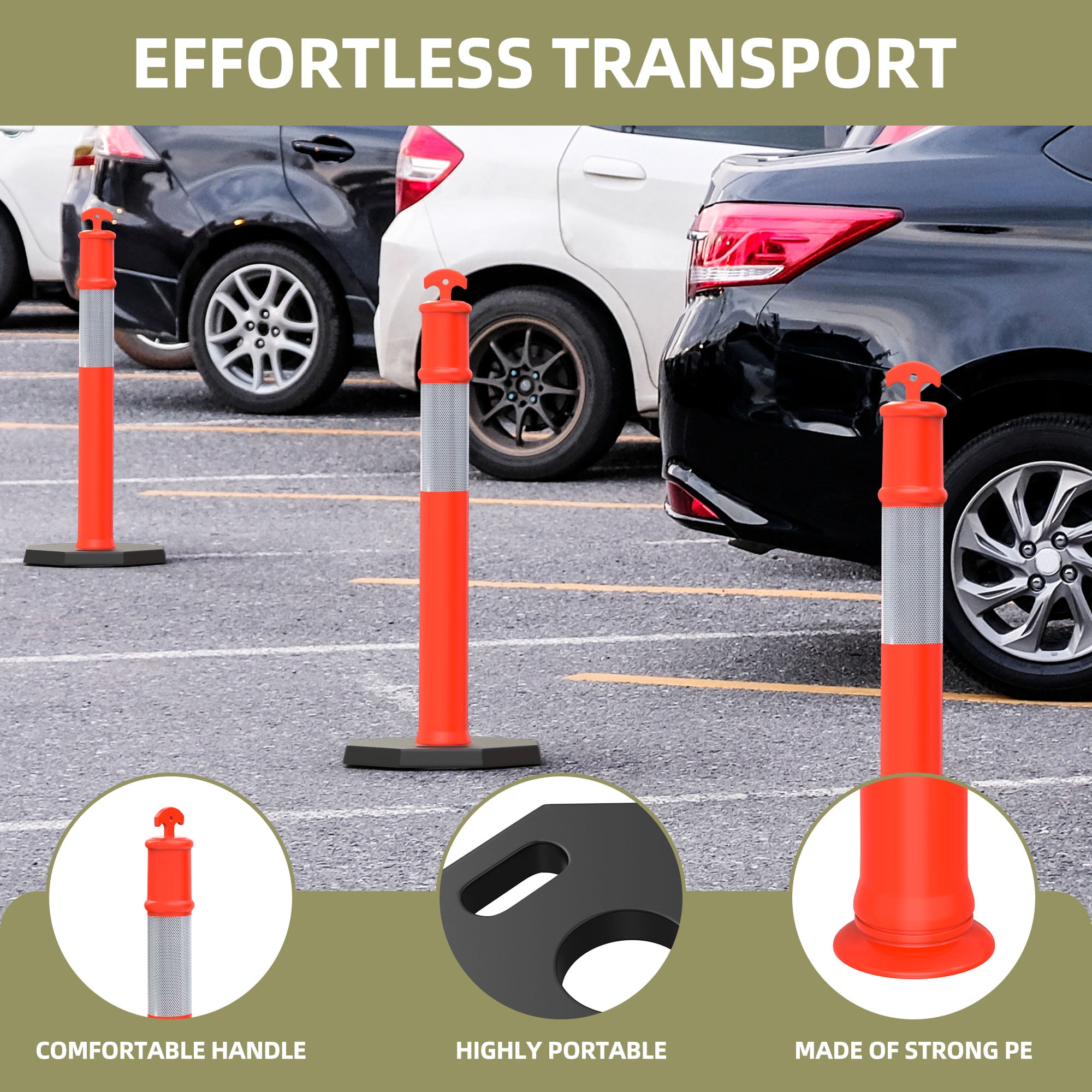 Uforic Delineator Post Set with Base, 3-Piece Durable Traffic Safety Posts for Parking Lots & Construction Zones