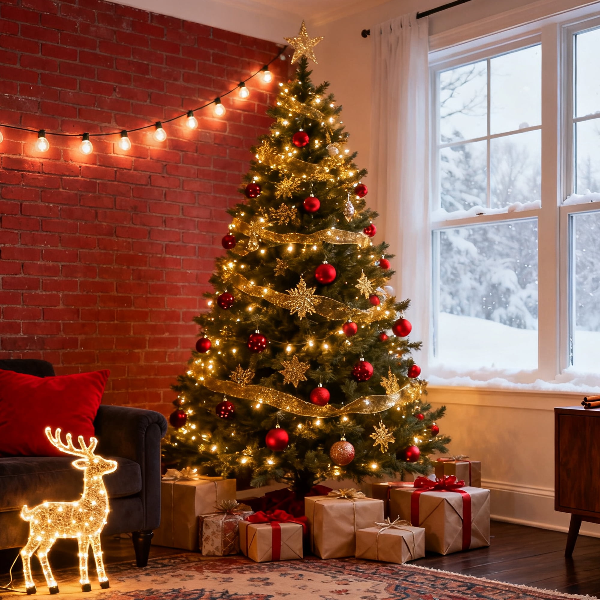 DAYBETTER 7.5ft Christmas Tree Artificial, Pre-lit with 450 LED Warm White Lights, 1300 Branch Tips, Foldable Sturdy Metal Stand for Festival Home, Office Decor, Indoor and Outdoor