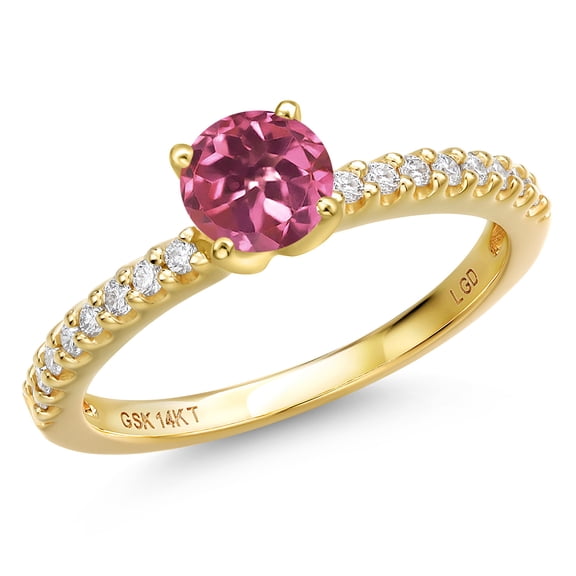 Gem Stone King 14K Yellow Gold Pink Tourmaline and Lab Grown Diamond Engagement Ring for Women | 0.68 Cttw | Round 5MM | Gemstone October Birthstone | Size 7