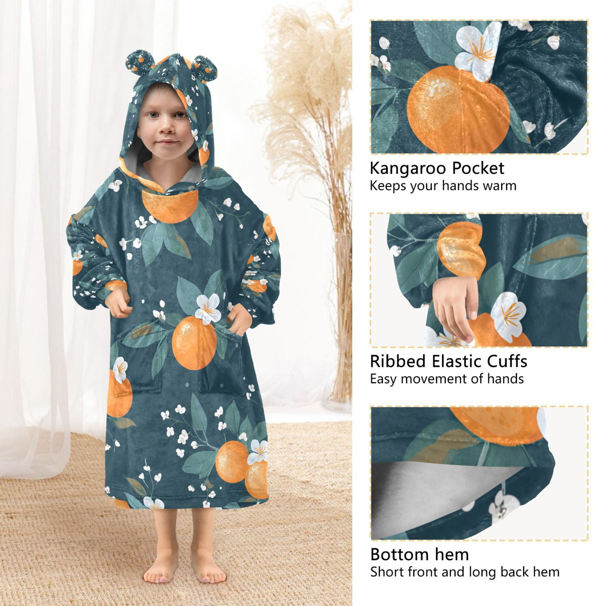 FORMRS Wearable Blanket Hoodie with Sleeves for Kids Cozy Flannel Sweatshirt, Blue Oranges