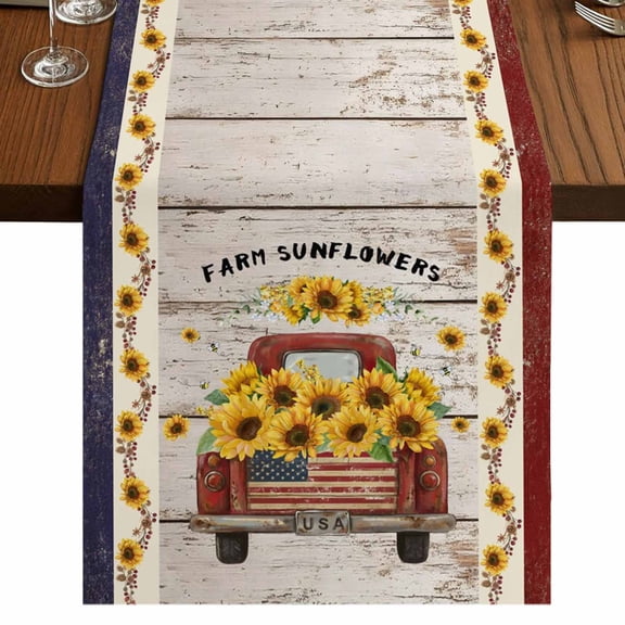 Table Runners 72 Inches Long Dress Scarves, Vintage Sunflower Truck Farmhouse Kitchen/Dining Table Runner, Coffee Tablerunners, Wooden Yellow Summer Botanical Floral 13x72 Inch
