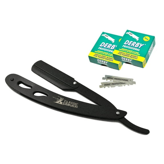 Classic Samurai CS-102 Matte Black Folding Straight Razor, Shavette with 200 Count Derby Single Edge Razor Blades