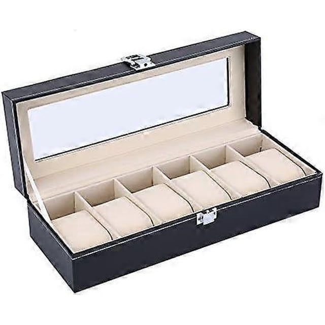 Watch Jewelry Storage Box, Men's Watch Box 6 10 Grid Faux Leather Display Box Lockable Storage Box, Men's Watch Box with Removable Cushion Stand Glass
