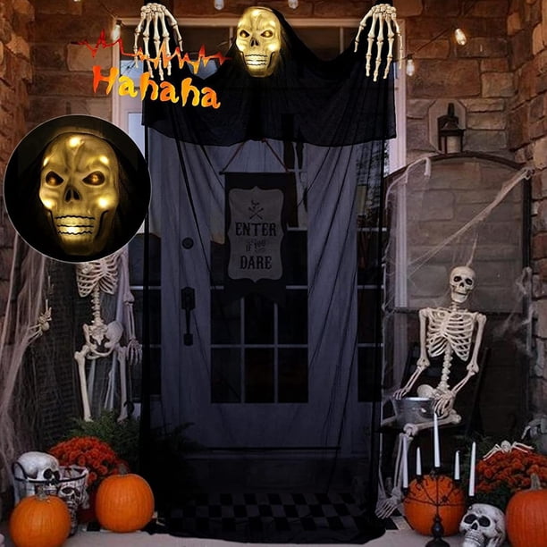 Fantasma colgante de Halloween, cortina de fantasma volador aterrador de Halloween, cortina de puerta de esqueleto de Halloween, con luces LED y sonidos, para decoraciones colgantes de Halloween