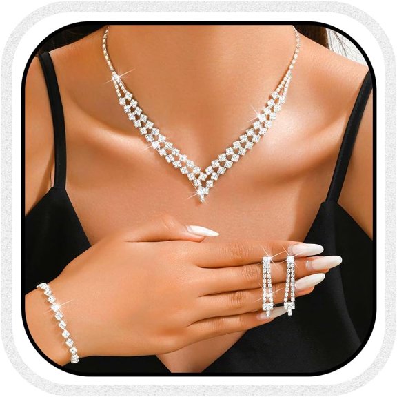 Wedding Prom Jewelry Sets Silver Rhinestone Bridal Necklace Earrings Bracelet Set Formal Costume Jewelry for Brides and Women