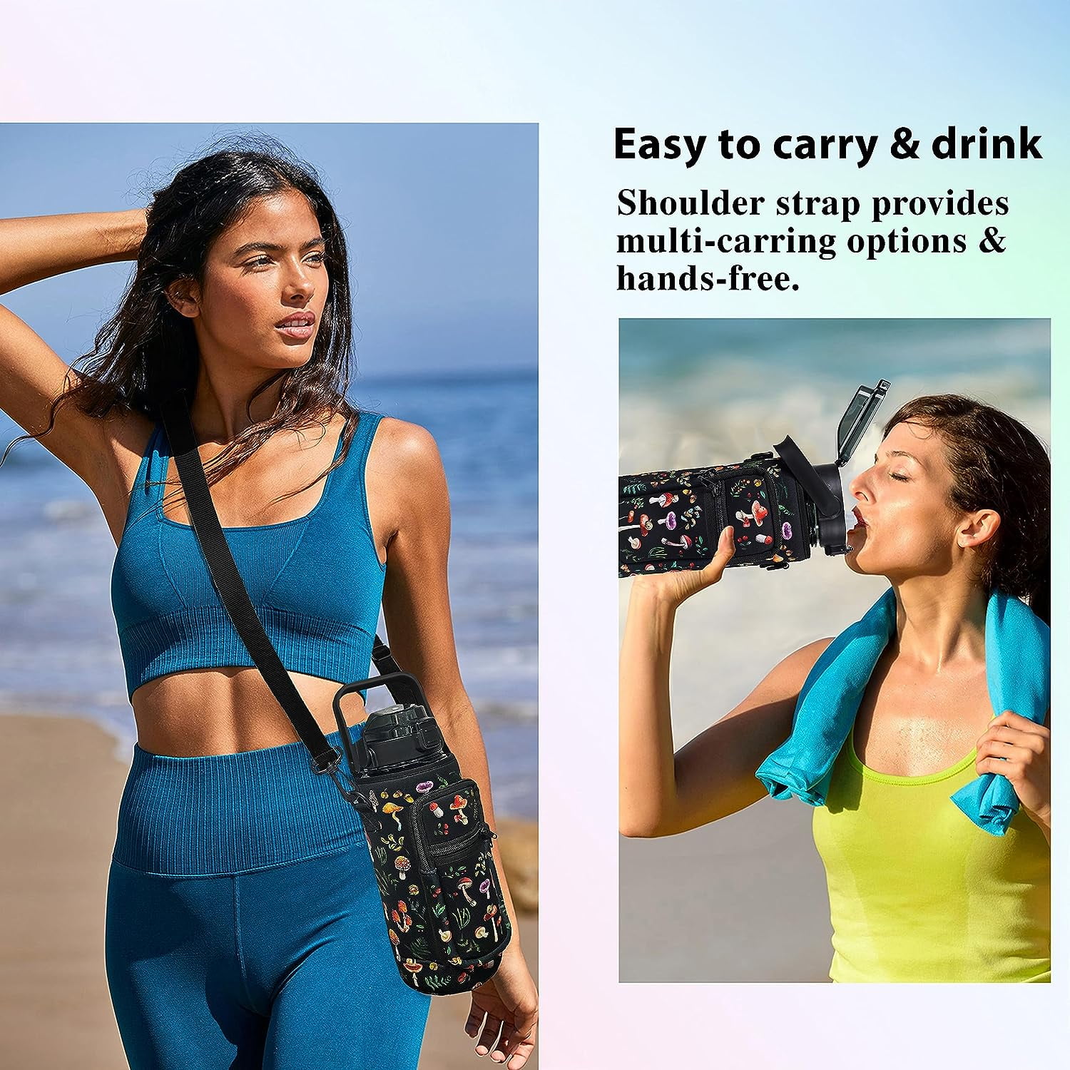 64 oz Water Bottle with Straw & Sleeve motivational BPA-free Half Gallon Water Bottle Holder with Strap Aesthetic Water Jugs for Drinking with Handle for Gym Women Men Mushroom