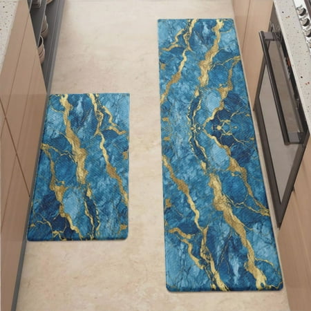 

Anti Fatigue Kitchen Mat Blue Gold Marble Kitchen Rugs Non Slip Cushioned Standing Mat for Sink Floor Laundry Office Desk Plus 17.3 x 47.2
