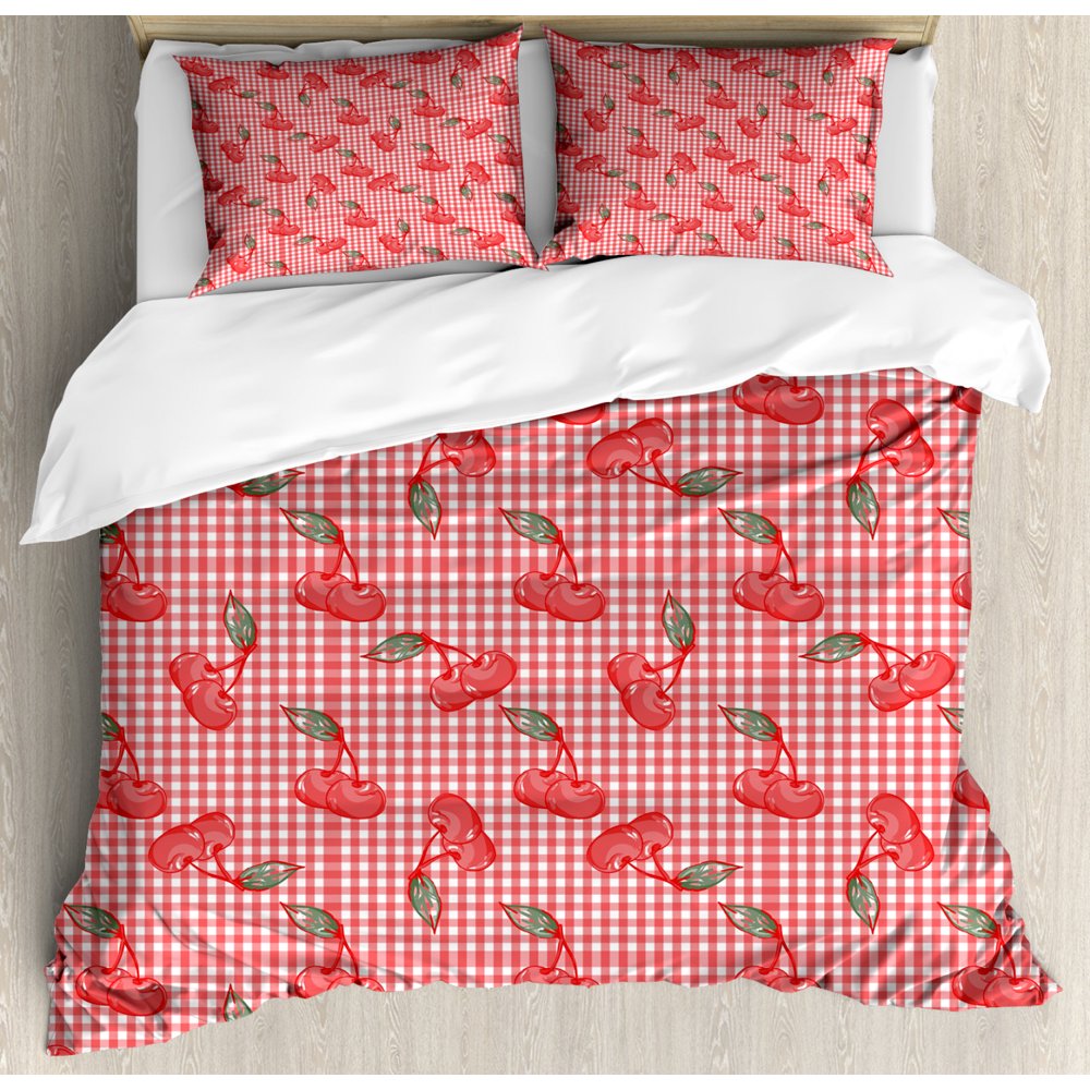 Cherry Duvet Cover Set King Size, Continuous Design of Doodle Summer