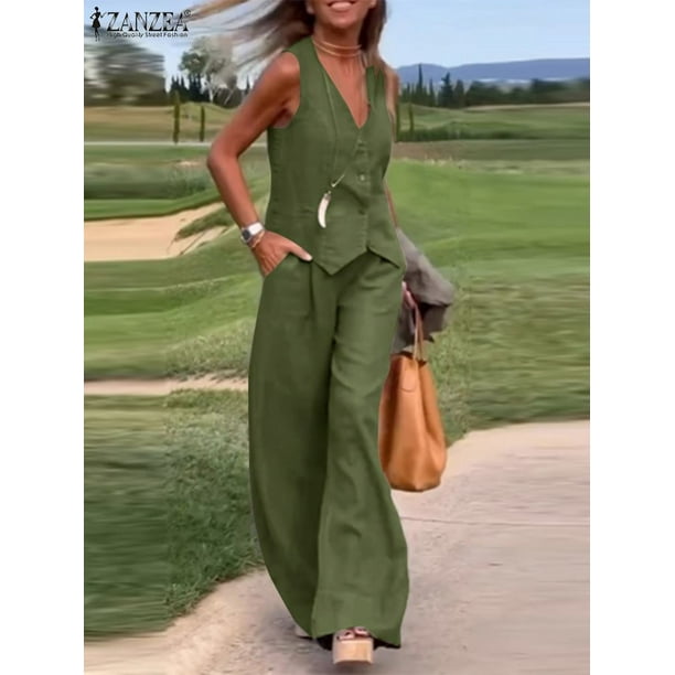 ZANZEA-Conjunto de 2 piezas para mujer, chaleco elegante sin mangas con cuello en V, camisetas sin mangas, pantalones de moda, trajes de gran tamaño